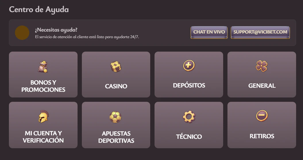 Opciones de asistencia y contacto disponibles para clientes de Vicibet Casino