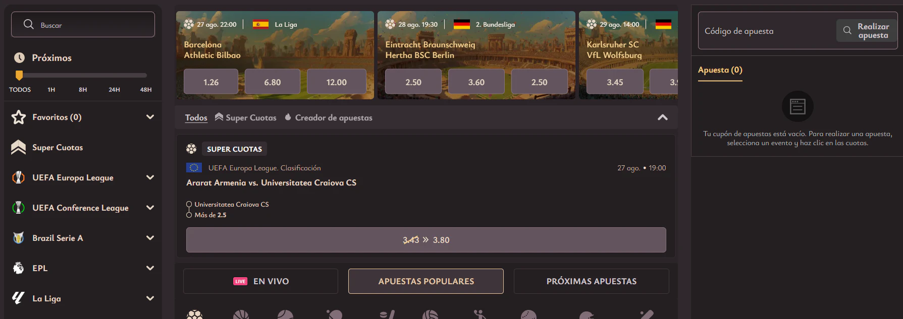 Sección de deportes y eSports con diferentes opciones de apuesta en Vicibet Casino